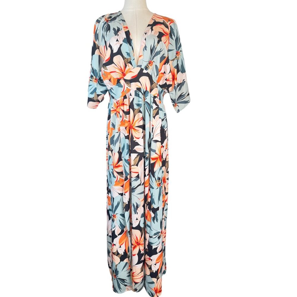 2/$50 NEW XL Summer Floral V-Neck High-Waisted A-Line Maxi Dress Beach Multicolo - Picture 3 of 16
